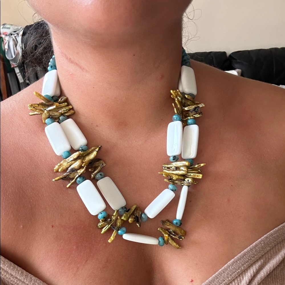 White jade Turquoise & Gold pearl stickStatement Beaded Necklace - Women Jewelry